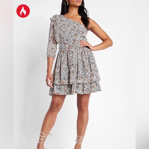 EXPRESS Rachel Zoe Printed One Shoulder Ruffle Mini Dress - Picture 2 of 3
